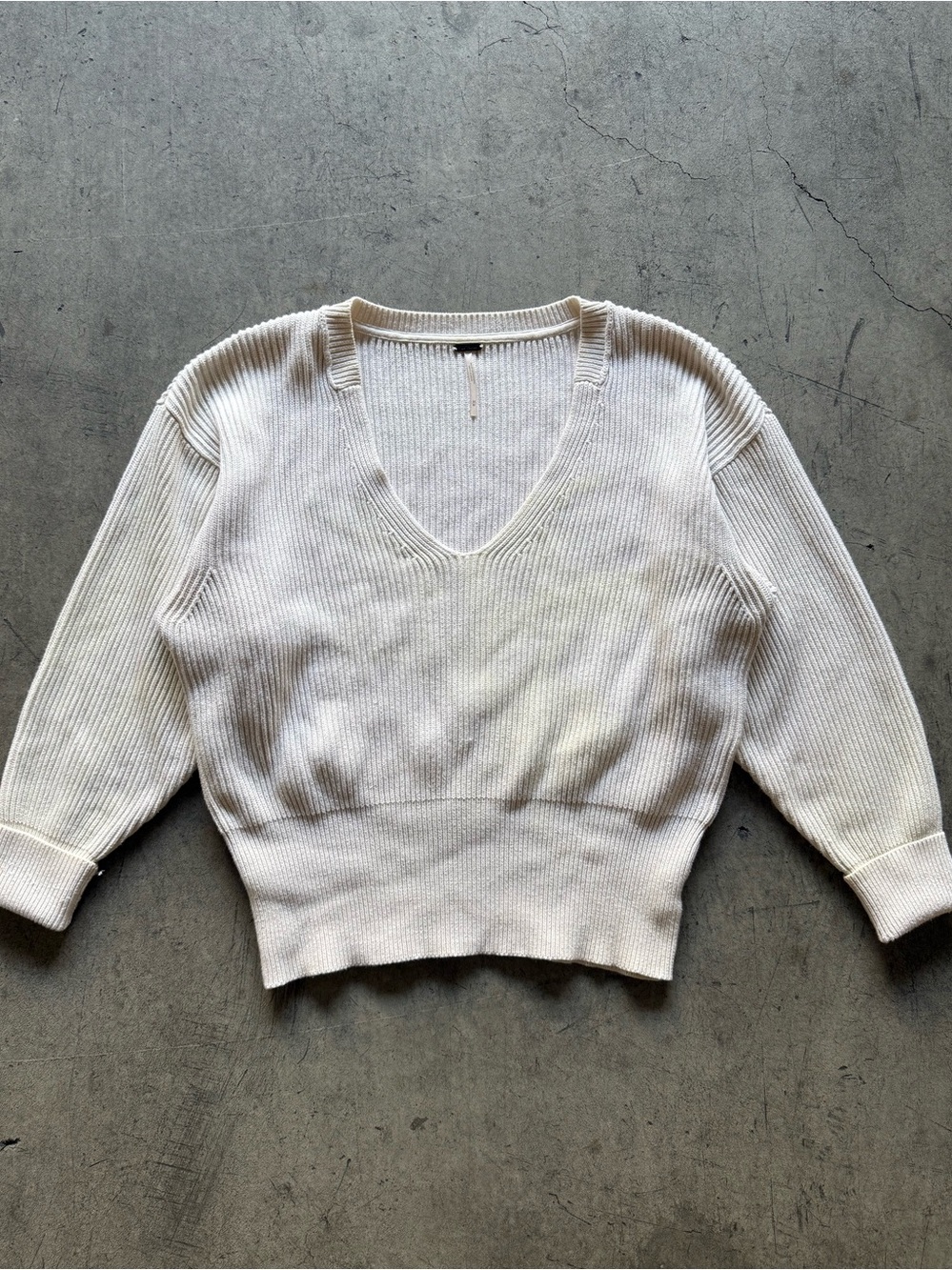 Free People - V-Neck Ribbed Knit Sweater - White - M
